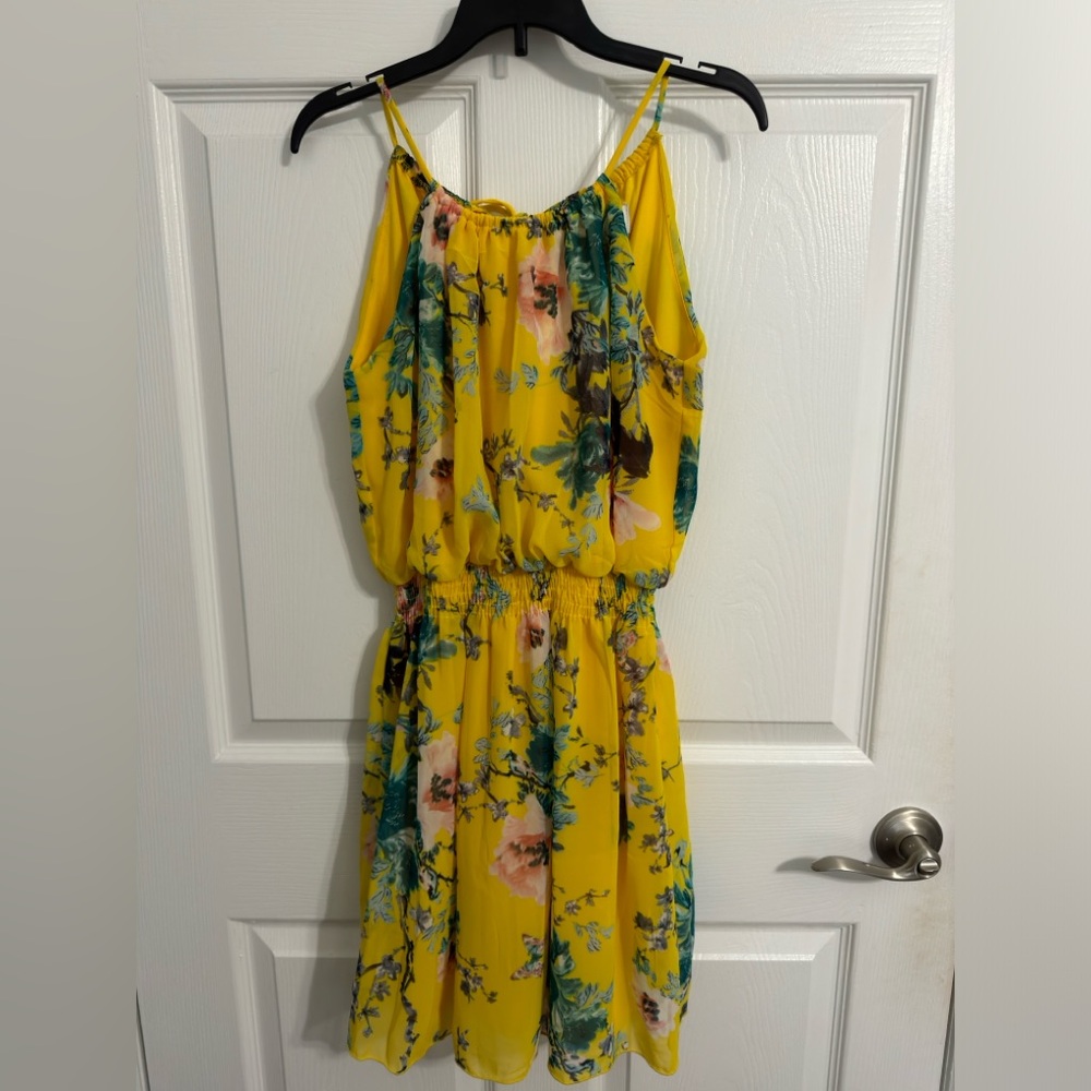 Yellow mini dress with pink and green flowers
